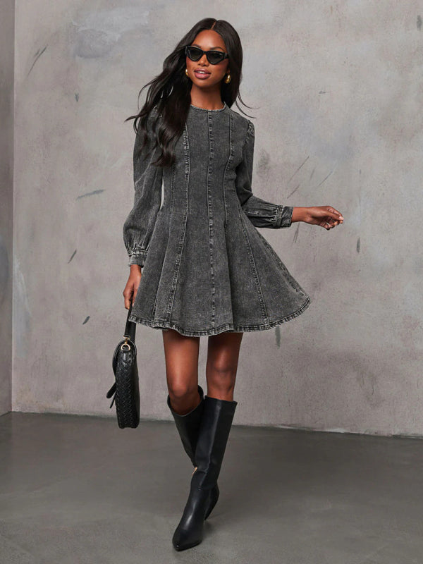 ✨ Chic Patchwork Denim Dress – Trendy Long Sleeve Street Style ✨