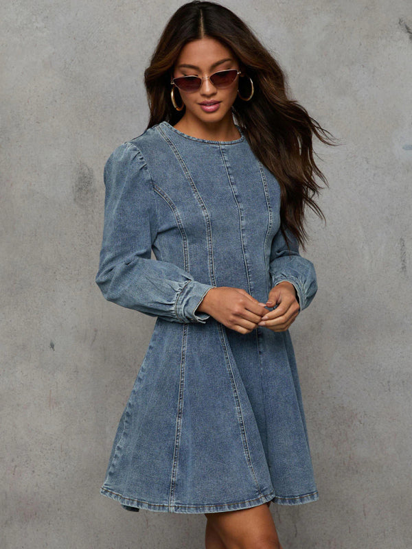Chic Patchwork Denim Dress – Trendy Long Sleeve Street Style
