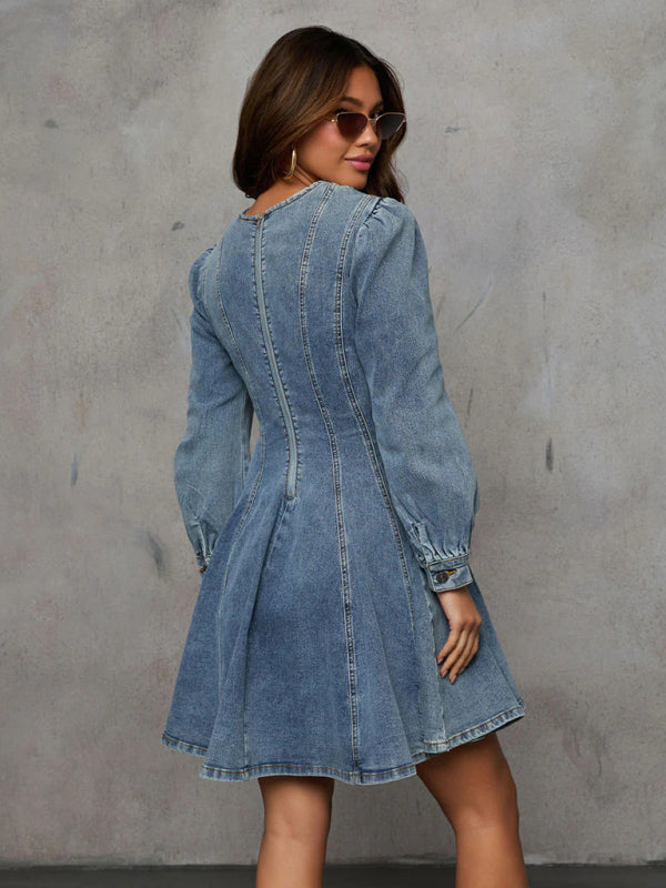 ✨ Chic Patchwork Denim Dress – Trendy Long Sleeve Street Style ✨