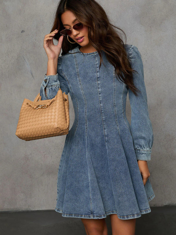 ✨ Chic Patchwork Denim Dress – Trendy Long Sleeve Street Style ✨