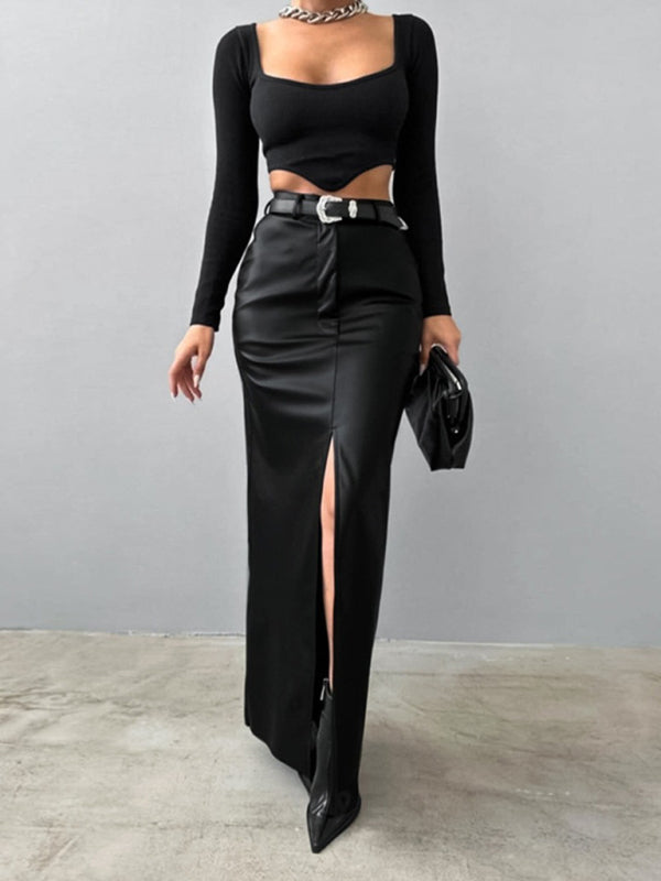 Chic High-Waist Faux Leather Slit Skirt – Sleek & Stylish for Any Season