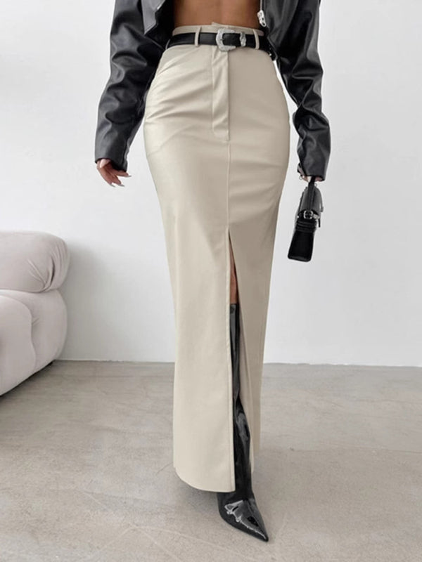 Chic High-Waist Faux Leather Slit Skirt – Sleek & Stylish for Any Season