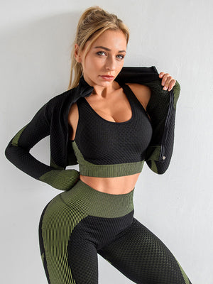 🖤 Stylish 3-Piece Yoga Set – High Waist Leggings, Tank & Jacket for Workout & Lounge 🖤