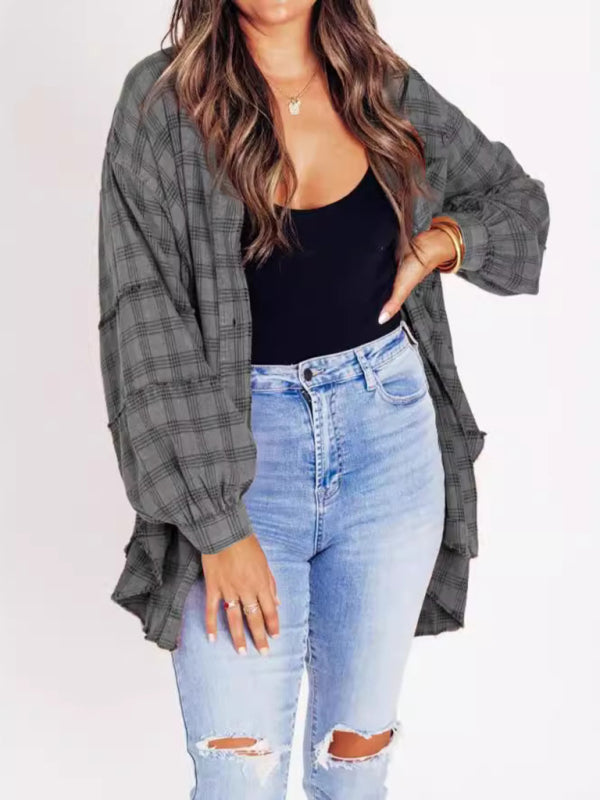 Cozy Plaid Lantern Sleeve Shirt – Stylish & Oversized for Fall