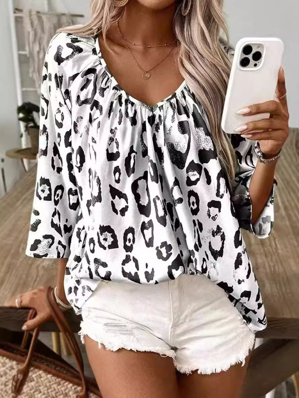 Fierce & Chic Leopard Print V-Neck Blouse – Trendy 3/4 Sleeve Top