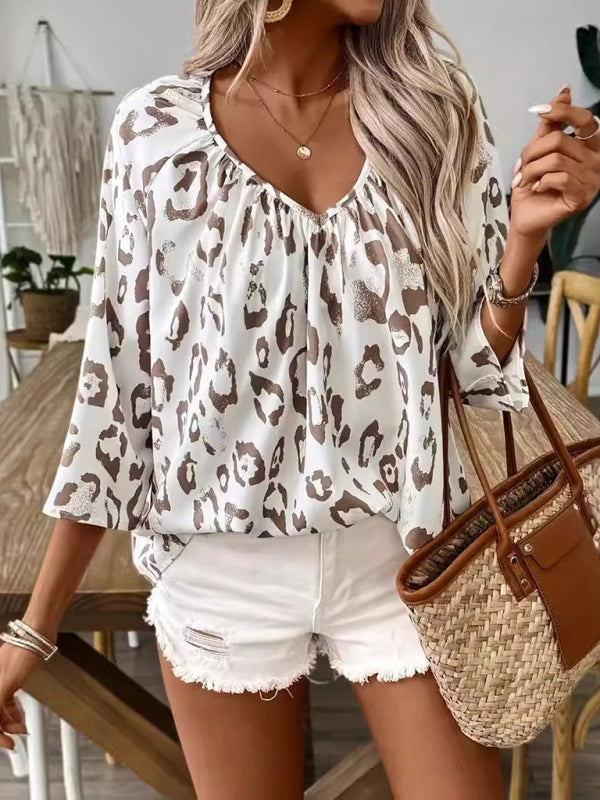 Fierce & Chic Leopard Print V-Neck Blouse – Trendy 3/4 Sleeve Top