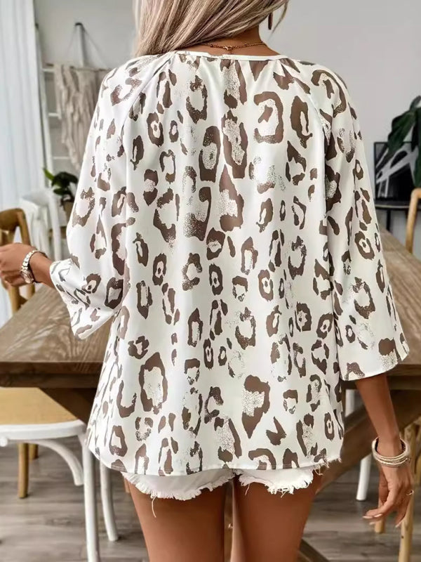 🔥 Fierce & Chic Leopard Print V-Neck Blouse – Trendy 3/4 Sleeve Top 🐆