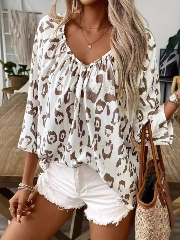 🔥 Fierce & Chic Leopard Print V-Neck Blouse – Trendy 3/4 Sleeve Top 🐆