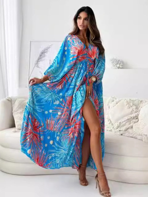 stylish Deep V Printed Slit Dress – Chic & Flowy Vacation Look