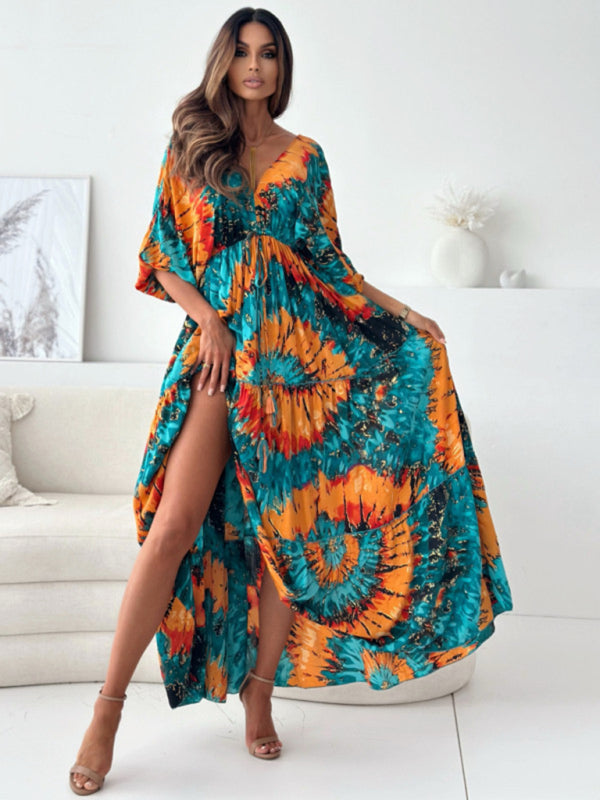 stylish Deep V Printed Slit Dress – Chic & Flowy Vacation Look