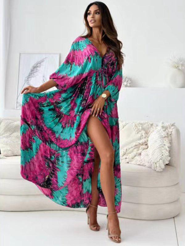 stylish Deep V Printed Slit Dress – Chic & Flowy Vacation Look