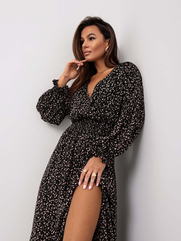 Chic Printed V-Neck Slit Dress – Stylish & stylish Long Sleeve Outfit