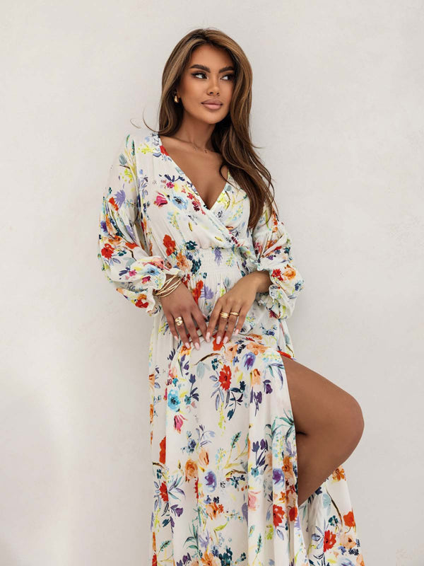 Chic Printed V-Neck Slit Dress – Stylish & stylish Long Sleeve Outfit