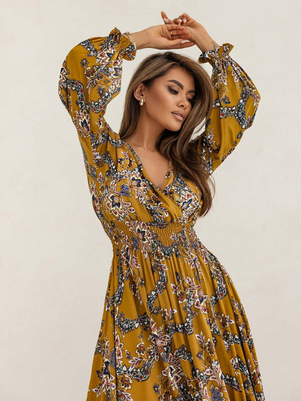 Chic Printed V-Neck Slit Dress – Stylish & stylish Long Sleeve Outfit