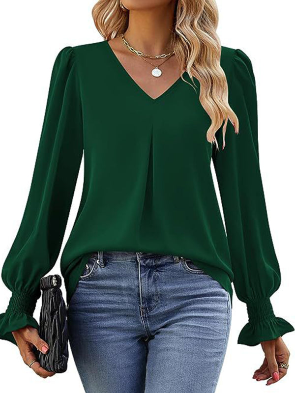 ✨ Chic & Flowy V-Neck Chiffon Blouse – Long Sleeve, Elegant & Stylish ✨