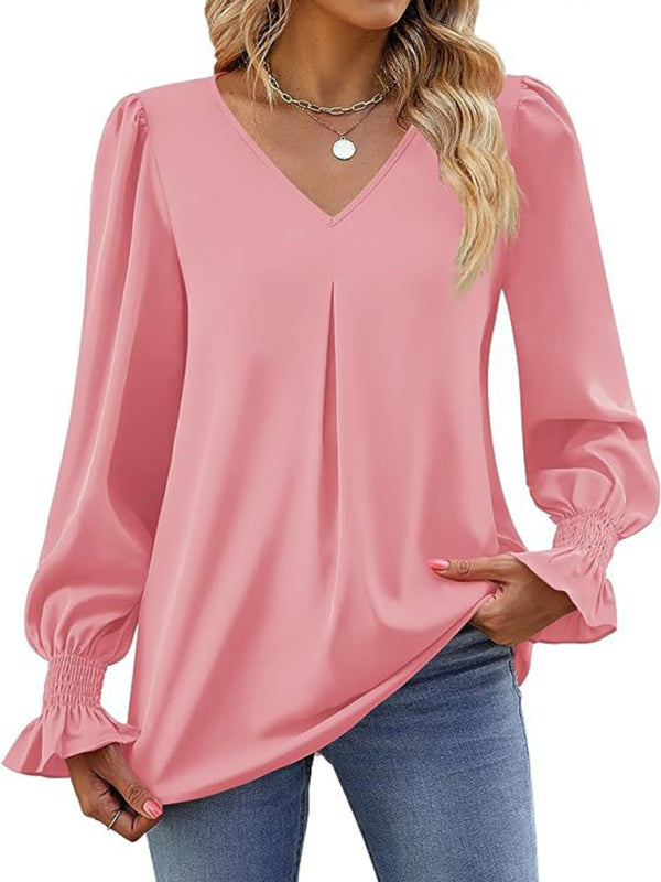 ✨ Chic & Flowy V-Neck Chiffon Blouse – Long Sleeve, Elegant & Stylish ✨