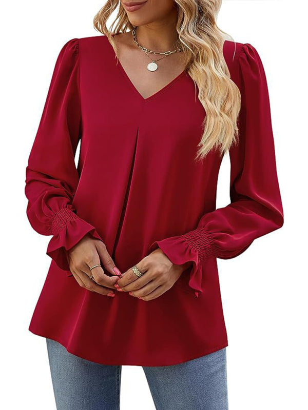 ✨ Chic & Flowy V-Neck Chiffon Blouse – Long Sleeve, Elegant & Stylish ✨