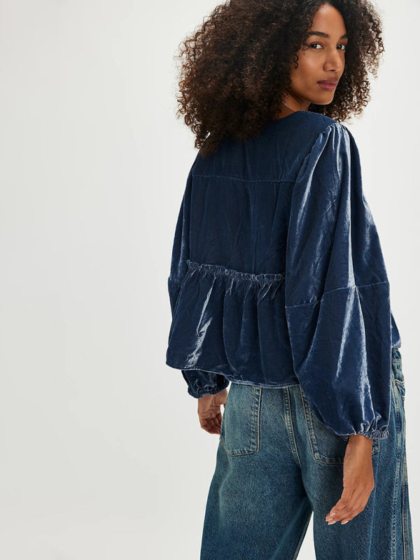 Chic Velvet Tie Shirt – Stylish & Cozy for Fall Winter