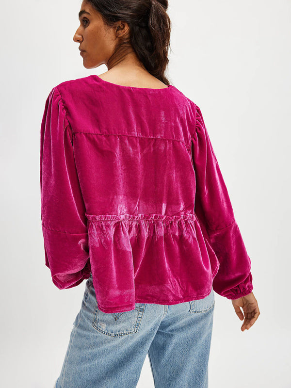 Chic Velvet Tie Shirt – Stylish & Cozy for Fall Winter