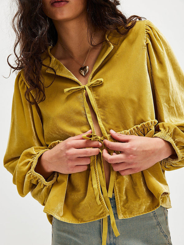Chic Velvet Tie Shirt – Stylish & Cozy for Fall Winter