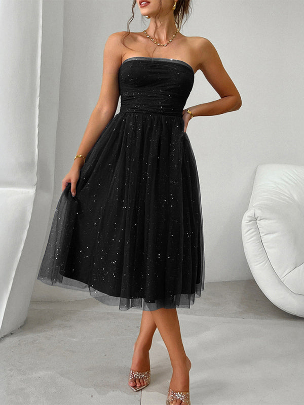 Stunning Strapless Mesh Midi Dress High Waist Elegant Party Look