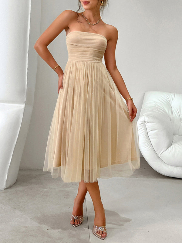 Stunning Strapless Mesh Midi Dress High Waist Elegant Party Look