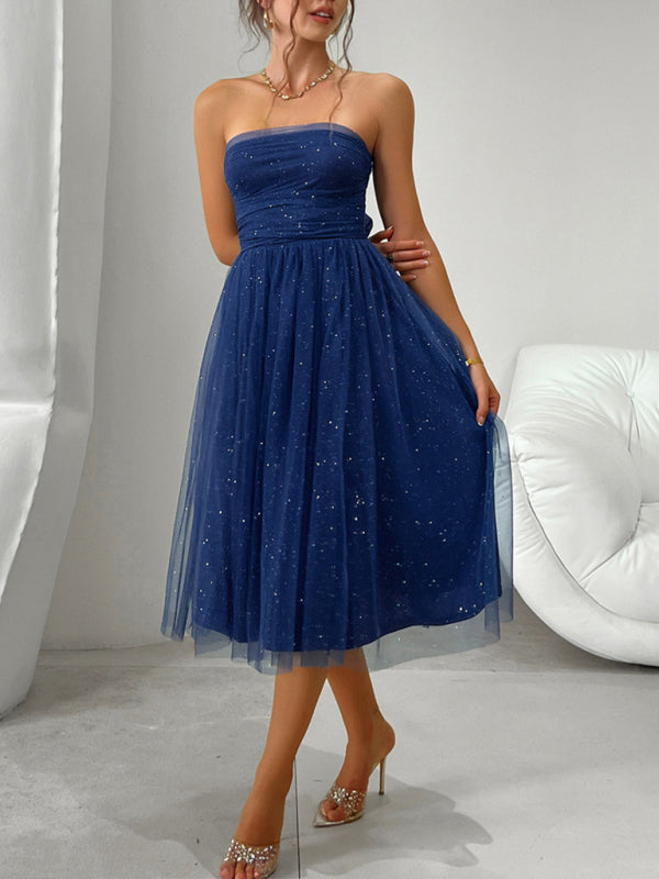 Stunning Strapless Mesh Midi Dress High Waist Elegant Party Look