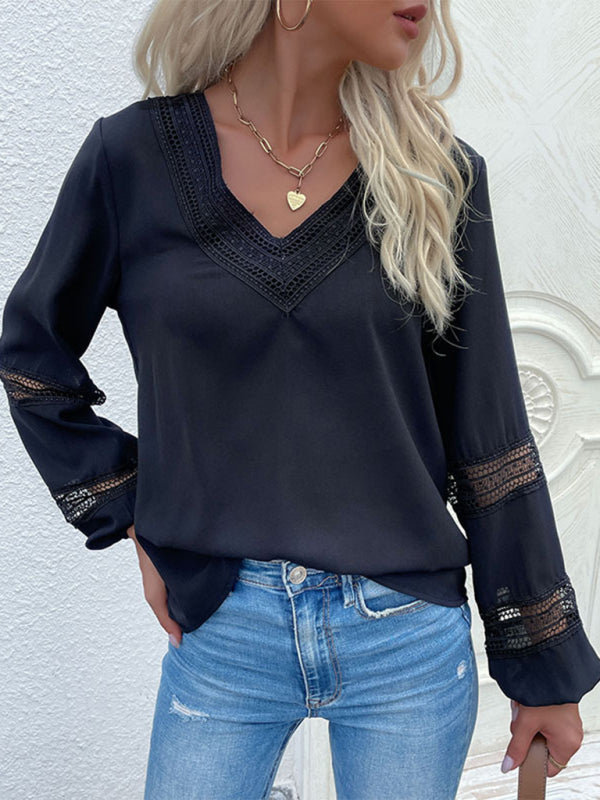 Chic Lace V-Neck Long Sleeve Blouse – Elegant & Stylish Everyday Top