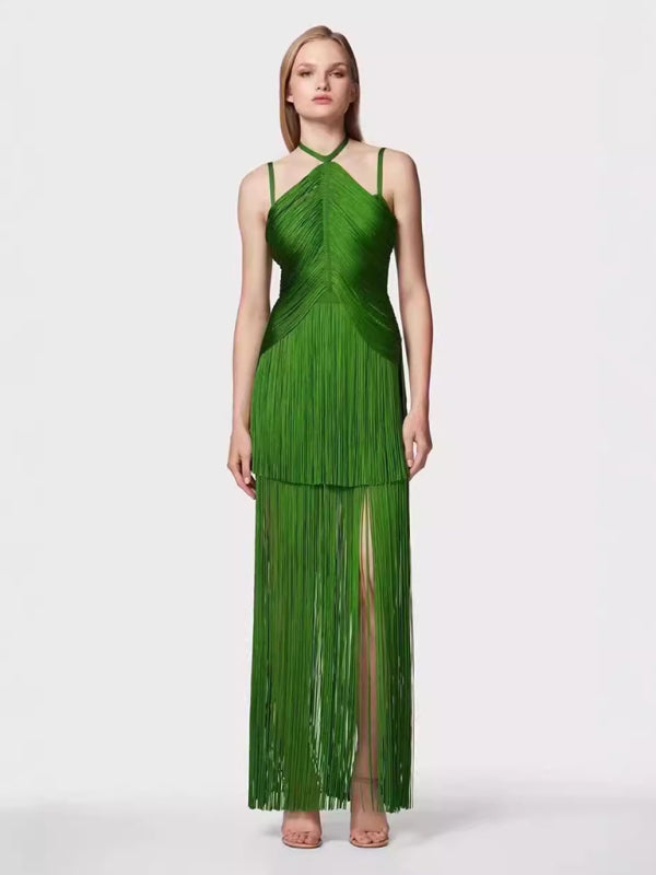 Green Halter Neck Maxi Dress with Fringe Hem – Elegant Party Dress