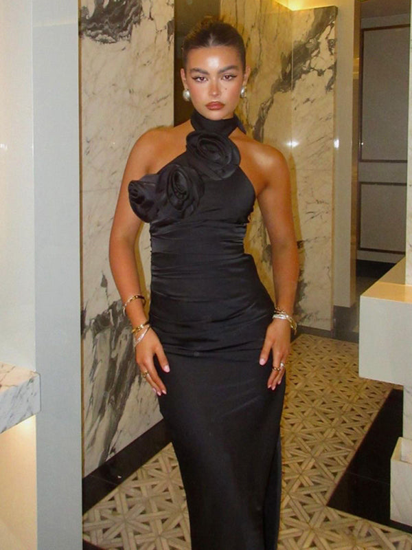 Elegant Ribbon Flower Halter Neck Maxi Dress Sleeveless Chic Look