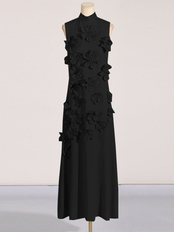 Elegant Floral Maxi Dress Sleeveless Stand Collar – Chic & Stylish