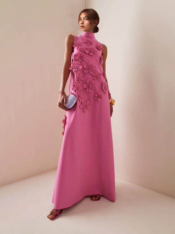 Elegant Floral Maxi Dress Sleeveless Stand Collar – Chic & Stylish