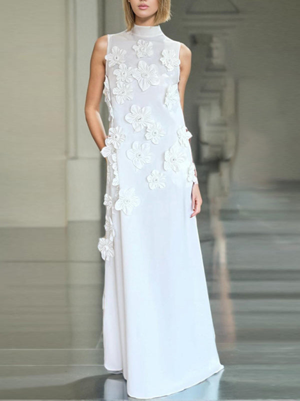 Elegant Floral Maxi Dress Sleeveless Stand Collar – Chic & Stylish