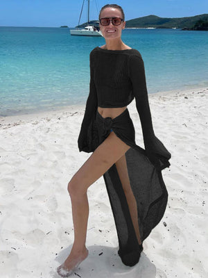 ☀️ Hollow Long-Sleeved Knitted Two-Piece Short Top & Beach Sexy Strappy Skirt Set – Vacation Vibes 🌴