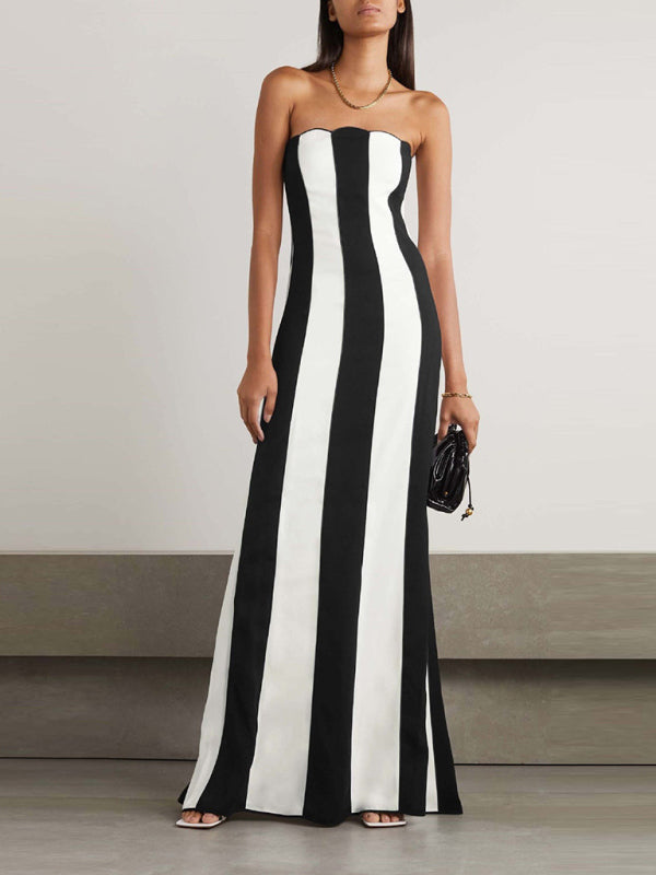 Chic Strapless Black and White Striped Dress – Trendy & Elegant for Any Occasion