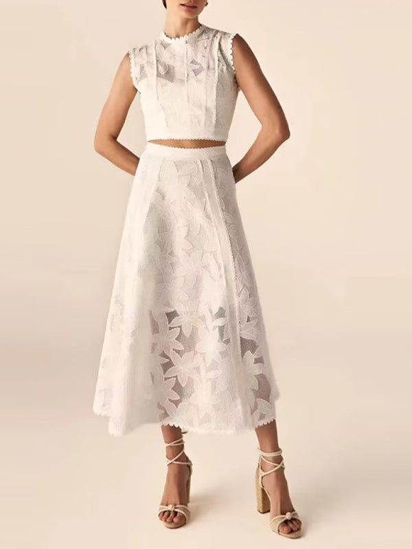Chic & Trendy Vacation 2-Piece Set – Sleeveless Top + Embroidered Skirt