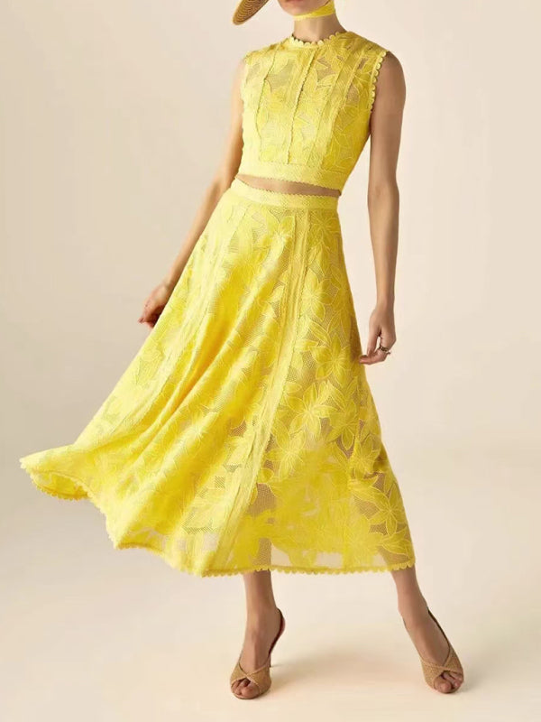 Chic & Trendy Vacation 2-Piece Set – Sleeveless Top + Embroidered Skirt