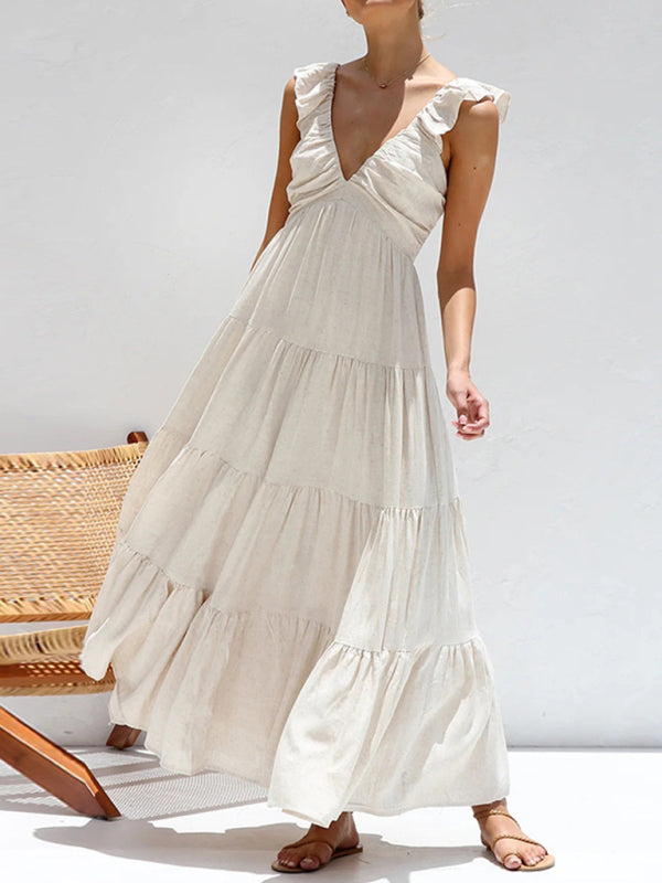 Summer Chic V-Neck Sleeveless Beach Dress Cotton Casual Vacation Outfit