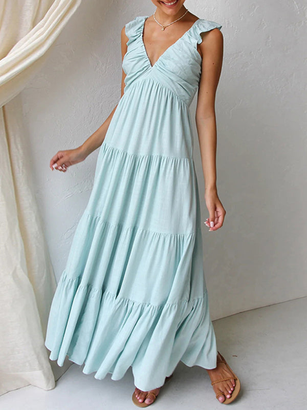 Summer Chic V-Neck Sleeveless Beach Dress Cotton Casual Vacation Outfit