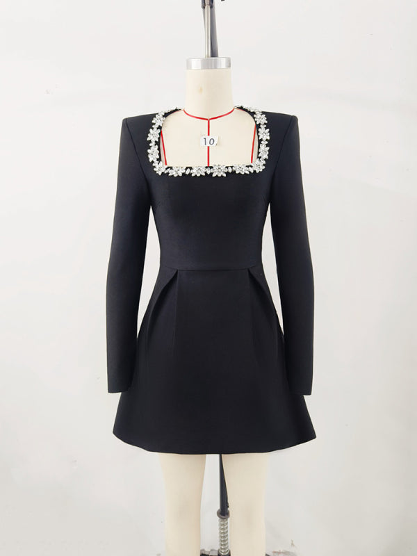 Elegant French Square Neck Diamond Long Sleeve Dress – Chic & Timeless Style