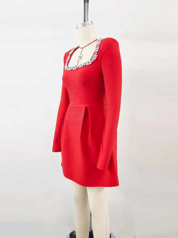 Elegant French Square Neck Diamond Long Sleeve Dress – Chic & Timeless Style