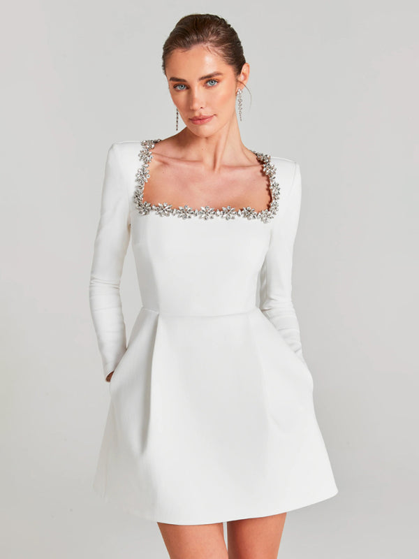Elegant French Square Neck Diamond Long Sleeve Dress – Chic & Timeless Style