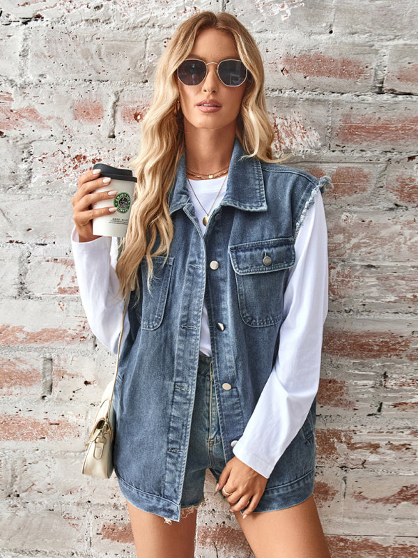 🦋 Washed Denim Vest Waistcoat – Oversized, Trendy & Chic Layering Essential 💙