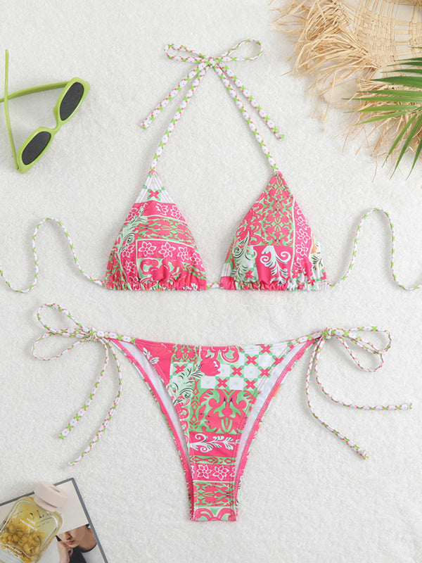 Trendy Printed Triangle Bikini – stylish Lace Split Swimsuit for Summer