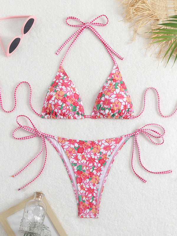 Trendy Printed Triangle Bikini – stylish Lace Split Swimsuit for Summer
