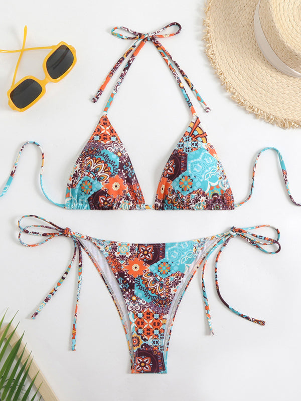 Trendy Printed Triangle Bikini – stylish Lace Split Swimsuit for Summer
