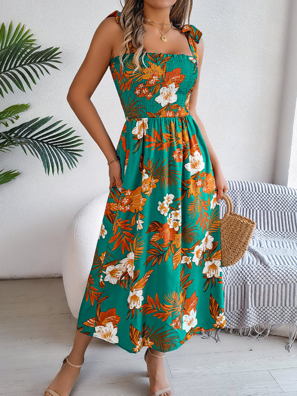 Flowy Floral Tie-Waist Suspender Dress – Perfect for Vacations & Beach Days