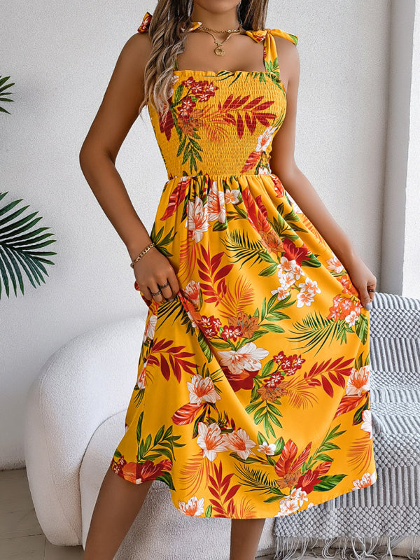 Flowy Floral Tie-Waist Suspender Dress – Perfect for Vacations & Beach Days