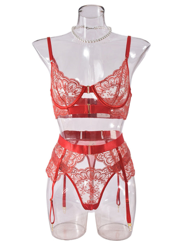 stylish Embroidered intimates Set – 3 Piece Lace Bra Panty & Garter Set