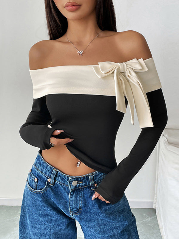 Chic Off-Shoulder Bowknot Top – Long Sleeve, Trendy & Stylish Must-Have